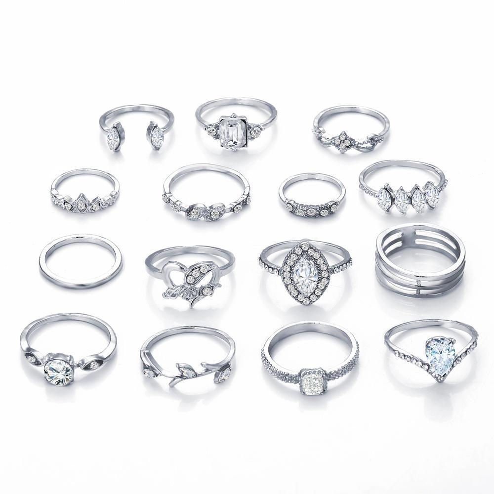 18K White Gold -   Ring Set With Austrian Crystals (15 pieces, FREE SHIPPING)